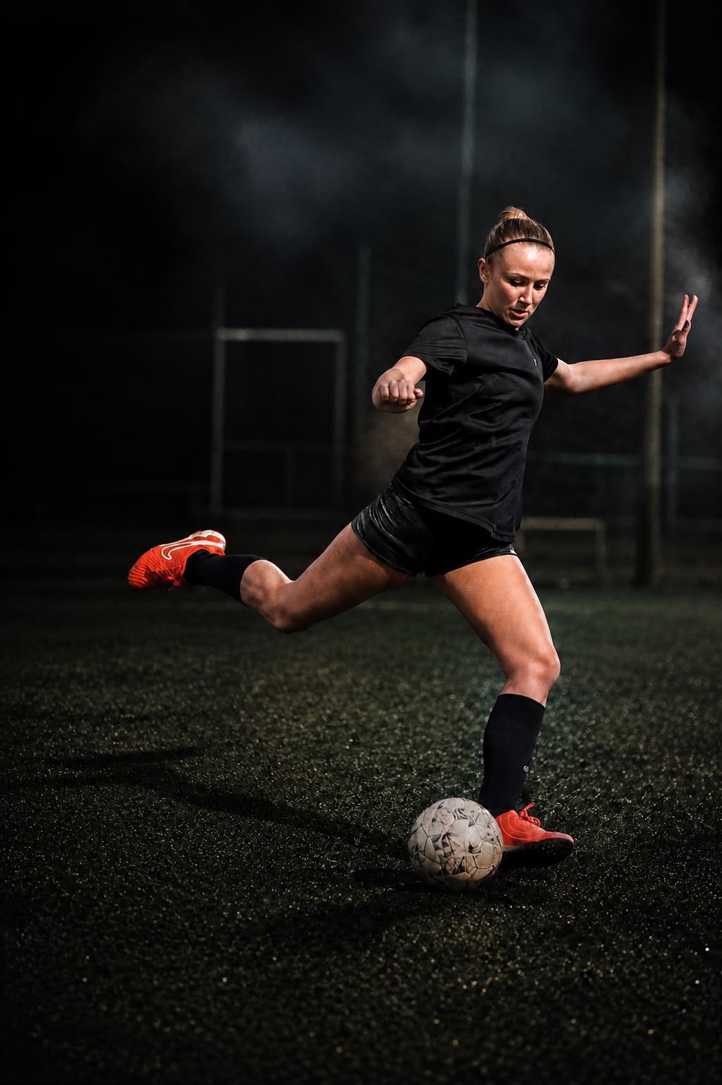 Jugadora de la Escuela de Fútbol Femenino pateando la pelota