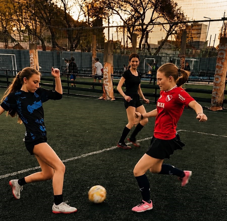 Jugadoras de la Escuela de Fútbol Femenino disputando la pelota al atardecer